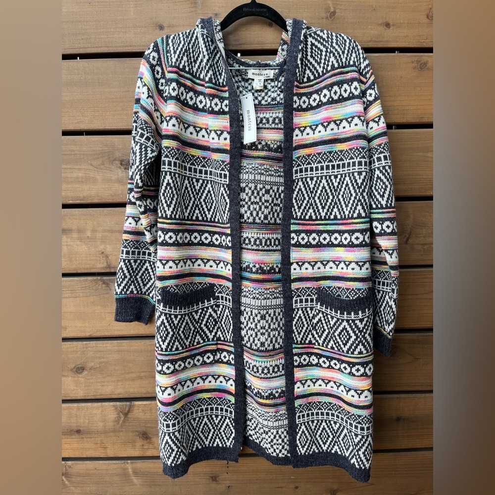NWT Monteau Los Angeles Aztec pattern, grey, rainbow, hooded duster, Small